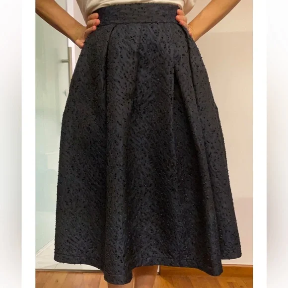 H&M Navy Jacquard Midi Pleated A-line Skirt With Pockets - Picture 2 of 6
